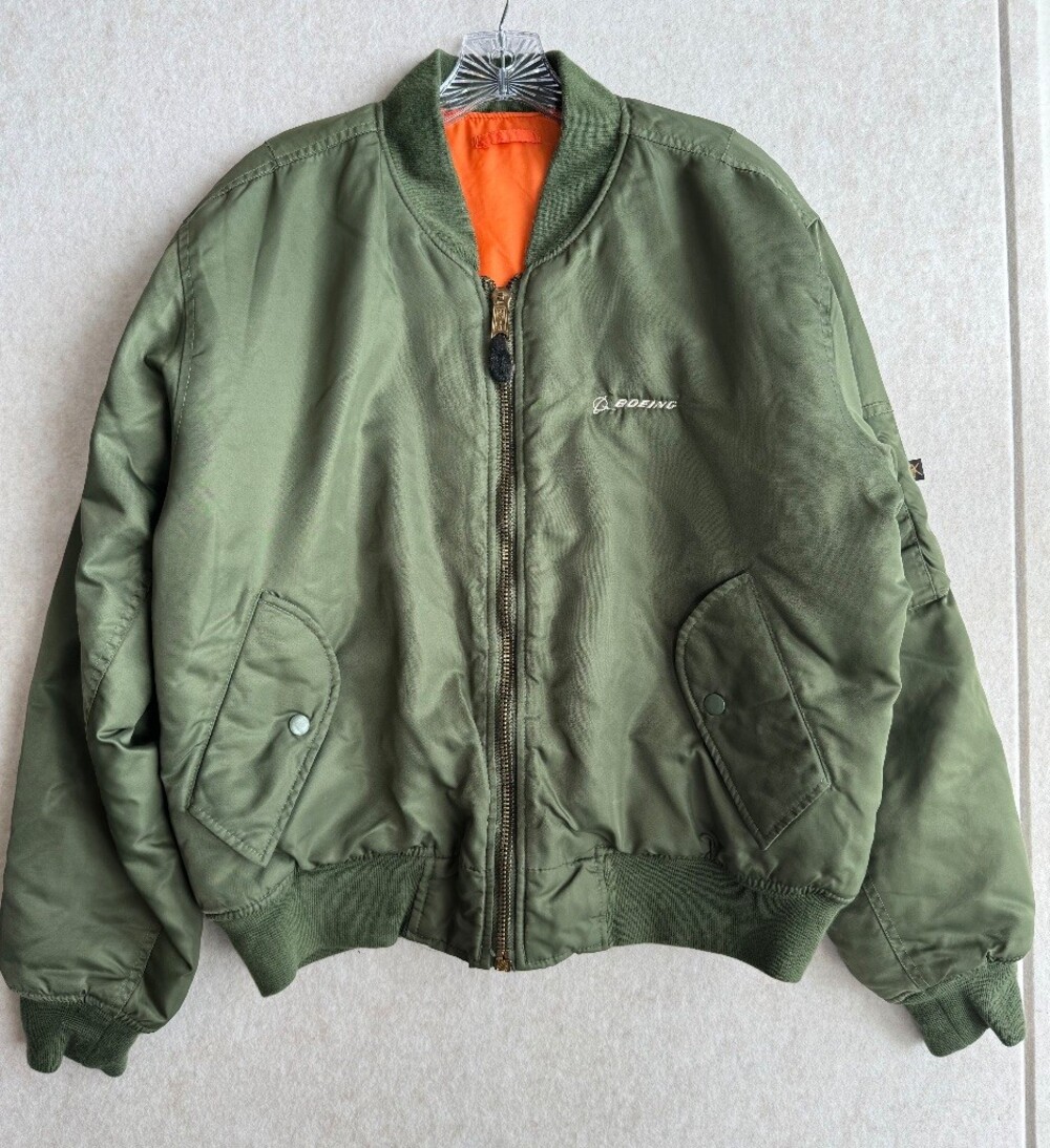 Boeing MA-1 Bomber Flight Jacket Sage Green Reversible Orange Lining Sz M